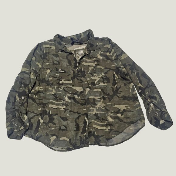 Women's Camouflage Camo Button Down Blouse Shirt Top Sheer Size 3X - Picture 3 of 6